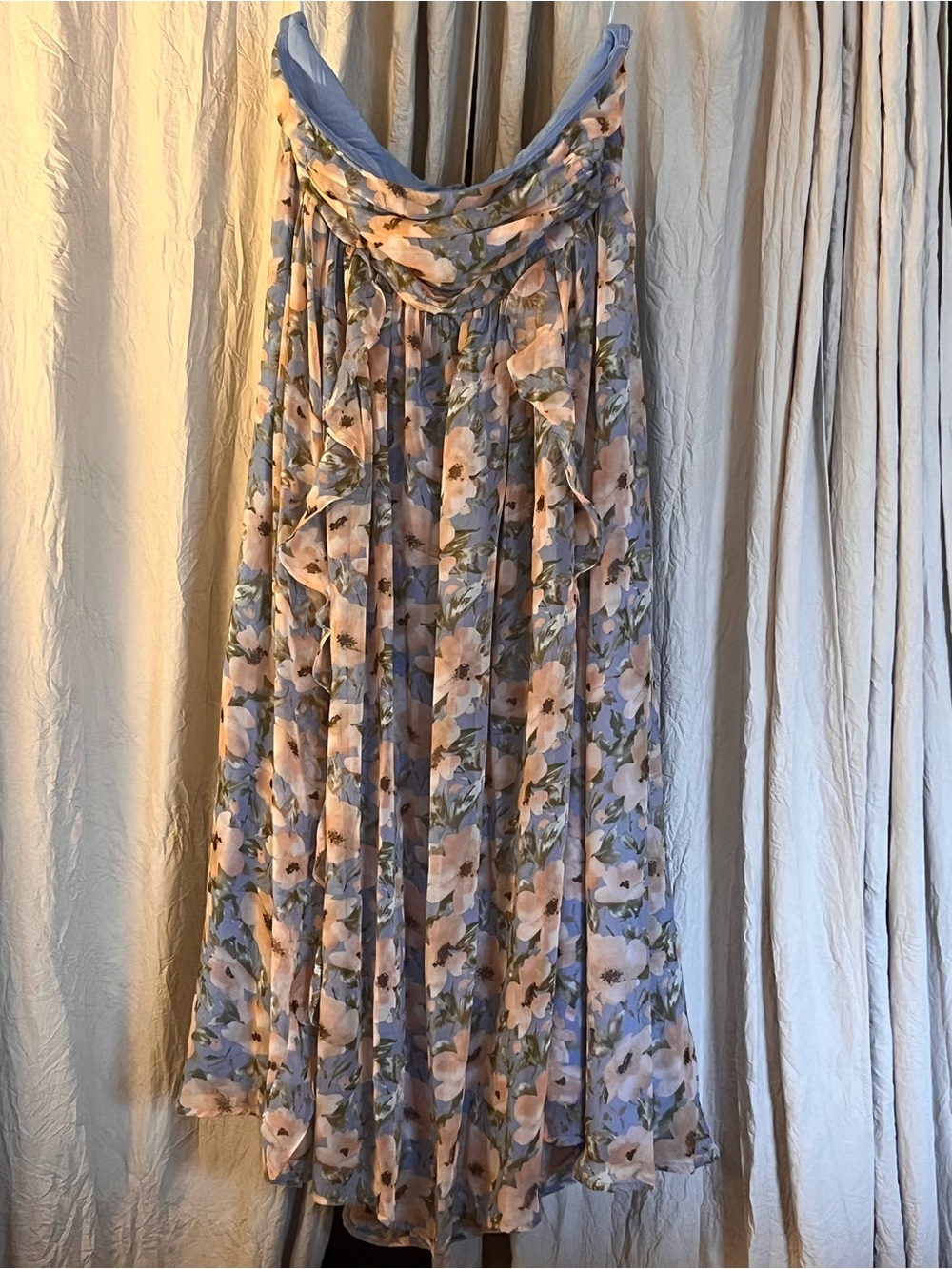 Fashion Nova Pleated Floral Maxi Skirt in Blue and Peach